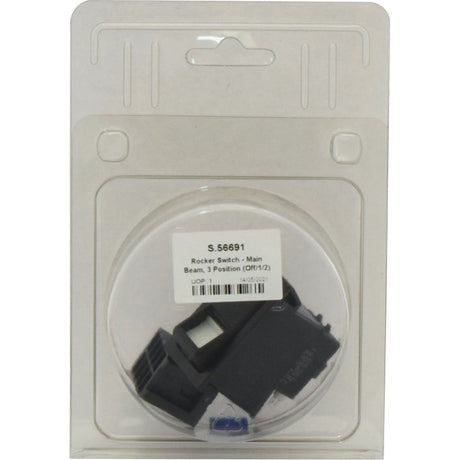 A packaged black rocker switch labeled "Sparex Rocker Switch - Main Beam, 3 Position (Off/1/2) - S.56691" on the front, featuring a durable IP65 rating and designed for 12V DC systems.