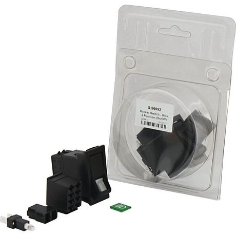 A packaged latching rocker switch with additional black components, including connectors and a green indicator. The label on the package shows the model number S.56692 from Sparex, and it's rated IP65 for durability.