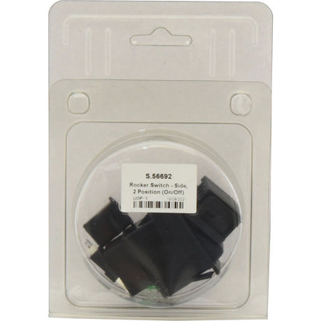 Packaged Sparex Rocker Switch - Side, 2 Position (On/Off) with label S.56692, designed for 12V DC applications. The IP65-rated switch comes encased in a clear plastic cover with a visible barcode.