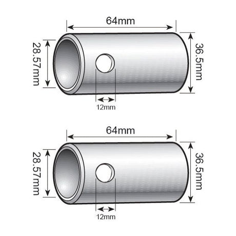 Two cylindrical metal tubes with holes and specified measurements by Sparex, known as the Lower Link Conversion Bush (Cat. 3 to 2) - S.56694. Each tube is 64mm long, 36.5mm in diameter, with a 12mm central hole, and a smaller inner diameter of 28.57mm.