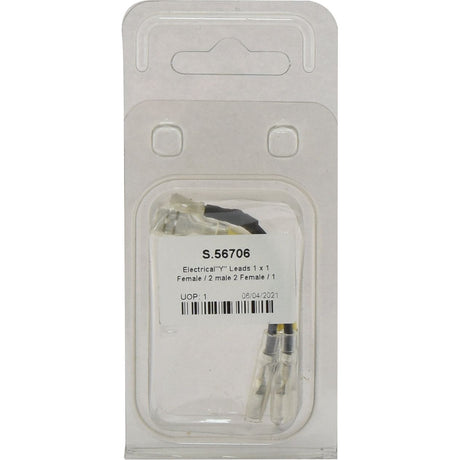 Plastic packaging of Y Leads (Agripak 2 pcs.) - S.56706 from Sparex containing electrical leads with one male and one female connector, two male and two female connectors, tagged with the date 08/04/2021.