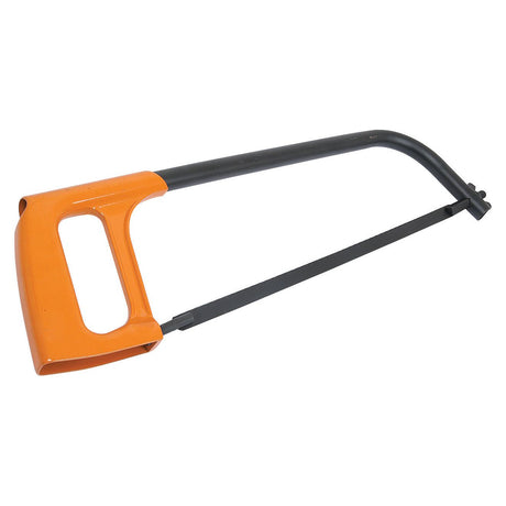 A Sparex Hacksaw & Blade (Sparex Part No. S.5670) with an orange handle and a straight metal blade, perfect for cutting through metal and plastic materials.