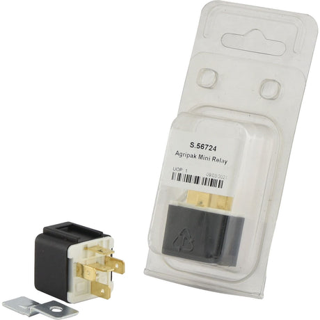 A Mini Relay (Agripak 1 pc.) from Sparex with part number S.56724, featuring multiple prongs, in packaging beside one removed.