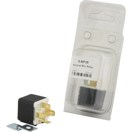 The image depicts a packaged Mini Relay labeled "Mini Relay (Agripak 1 pc.) | Sparex Part No.S.56725" alongside an unpackaged identical relay, both rated at 30 amps and 24 volts by Sparex.