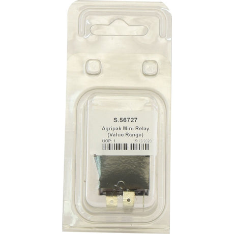 A packaged Mini Relay (Agripak 1 pc.) with Sparex Part No. S.56727 includes visible connectors and a clear label indicating its 20-30A relay value range. The packaging also shows a date of 16/12/2020 and contains one 12V relay unit.