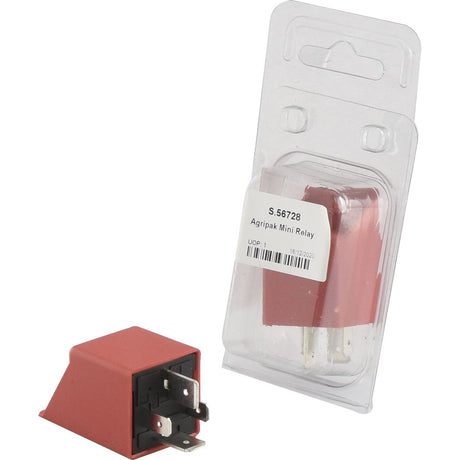 A red Mini Relay from Sparex, partially unpackaged with the retail packaging labeled "S.56728 Agripak Mini Relay" visible in the background. This device is designed for 12V systems, ensuring compatibility and reliability for various applications.