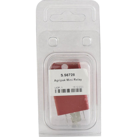 A red 12V Sparex Mini Relay, part of the Agripak series and identified by Sparex Part No. S.56728, is shown packaged in clear plastic with visible metal prongs.