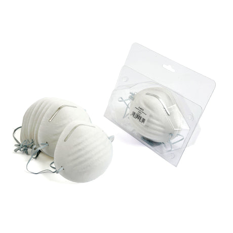 Several white Disposable Dust Masks by Sparex, featuring metal nose strips and elastic ear loops, are shown. The display includes three loose masks and a pack of five in transparent packaging. These masks, from the Disposable Dust Mask Sparex Agripak (10 pcs.), offer reliable protection (Sparex Part No.S.5672).