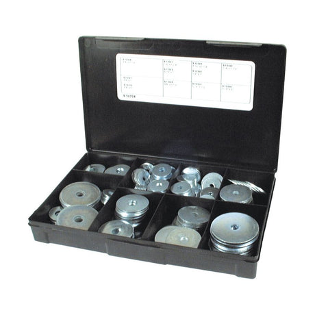 A black plastic storage case containing a variety of metallic washers, including Metric Repair Washers (ID: 7 - 10mm, OD: 25.4 - 50.8mm) adhering to DIN Standard No. DIN 7973, neatly organized in compartments with a total of 265 pieces under Sparex Part No.S.56734 from the Sparex brand.