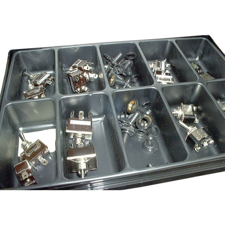 Plastic tray with multiple compartments holding various metal electrical components, Compak Toggle Switch (Sparex Part No.S.56749), terminals, and Sparex rubber gaskets.