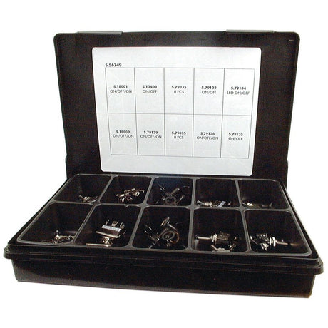 A black plastic Compak organizer box with a lid holding various small metal parts, including the Sparex Compak Toggle Switch (Part No. S.56749), in separate compartments. A label on the inside of the lid lists Sparex part numbers and descriptions, ensuring easy identification for all your terminals.