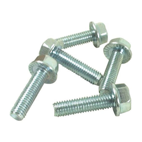 A cluster of five Sparex Serated Flange Bolts, M6x20mm (Part No. S.56819), zinc-plated and threaded, made of metal, displayed against a plain white background.