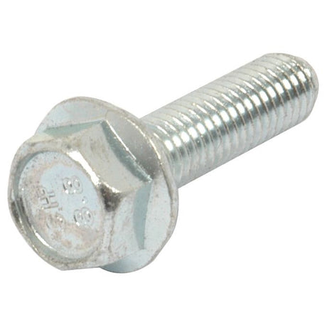 A close-up view of a Sparex Serated Flange Bolt, M8x30mm, with threading along its zinc-plated shaft, displayed against a plain white background.