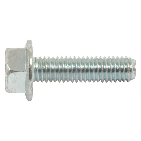 A zinc plated metallic hexagonal bolt featuring serrated flange bolts for enhanced grip, Grade 8.8, available as the Serated Flange Bolt, M8x30mm | Sparex Part No.S.56821 from Sparex.