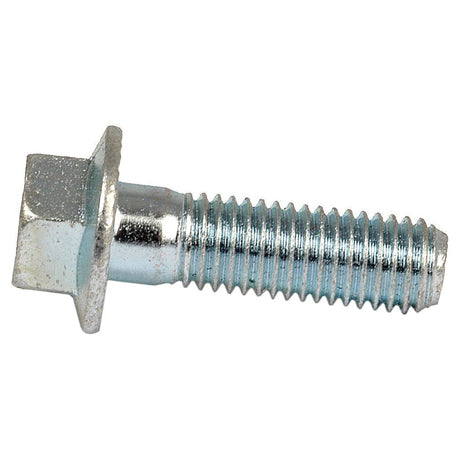 A close-up of a metallic hex bolt with a threaded shaft and a flat, hexagonal head. The Serated Flange Bolt, M10x40mm (Sparex Part No.S.56822) from the brand Sparex, showcases exceptional durability and strength with its zinc-plated Grade 8.8 steel construction.