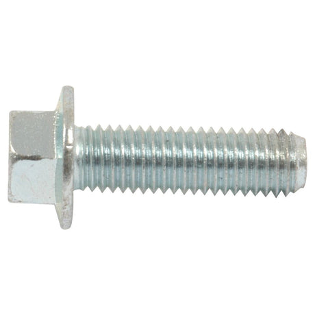 Close-up of a zinc-plated, silver Serated Flange Bolt, M12x40mm (Sparex Part No. S.56823) by Sparex, showcasing its hexagonal head and threaded body.