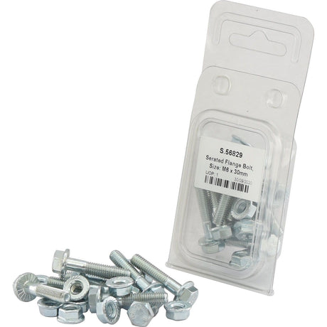 A group of Zinc Plated Sparex Serated Flange Bolts, sizes M6x30mm (Sparex Part No. S.56829), lie scattered with some in a partially opened plastic packaging. The visible label on the packaging includes detailed product information.