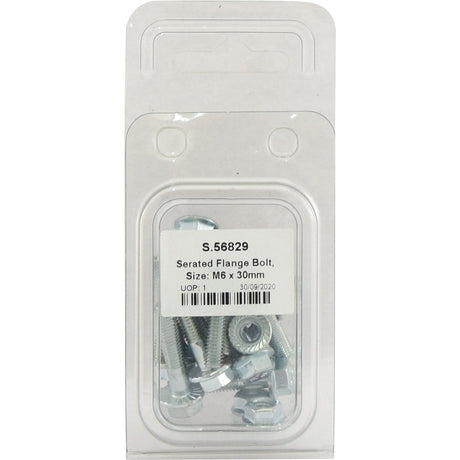 A package of Serrated Flange Bolts, size M6 x 30mm, branded by Sparex with product code S.56829, includes a date stamp of 30/09/2020.