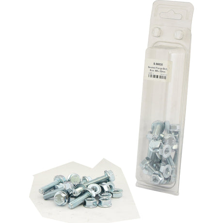 A partially opened clear plastic container with a label contains Sparex Serated Flange Bolts, M8x30mm (Sparex Part No.S.56830), and nuts scattered on a white surface. Some of the zinc-plated bolts have serrated flanges, providing extra grip to secure your projects with ease.