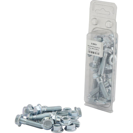 A transparent plastic container with a label holding Serated Flange Bolts, M10x40mm (Sparex Part No. S.56831) by Sparex, with additional bolts and nuts scattered in front of it.