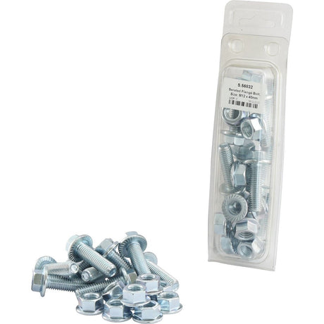 A package of serrated flange bolts and nuts, including Sparex Serated Flange Bolts, M12x40mm (Sparex Part No. S.56832), next to a pile of loose hex bolts and nuts, all made of shiny zinc-plated metal. The packaging features a label with detailed product information from Sparex.
