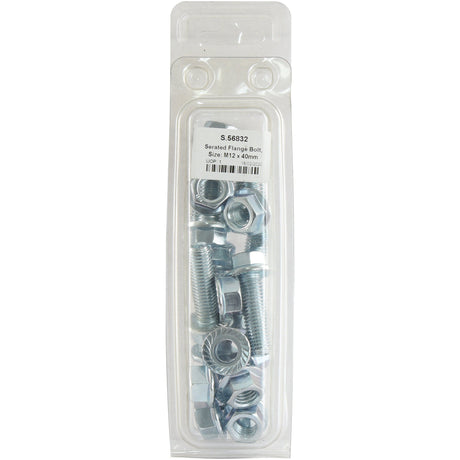 A clear plastic package of zinc-plated, serrated flange bolts and nuts, labeled with size M12 x 40mm, barcode, and item number S.56832 (Sparex).