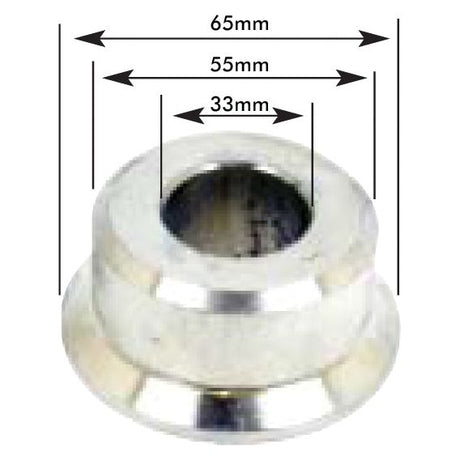 The Sparex Towing Eye Bush (Sparex Part No. S.56836) features a metal cylindrical spacer with an outer diameter of 65mm, an inner diameter of 33mm, and a mid-section diameter of 55mm, making it perfect for use in a hitch pin or trailer hitch eye assembly.