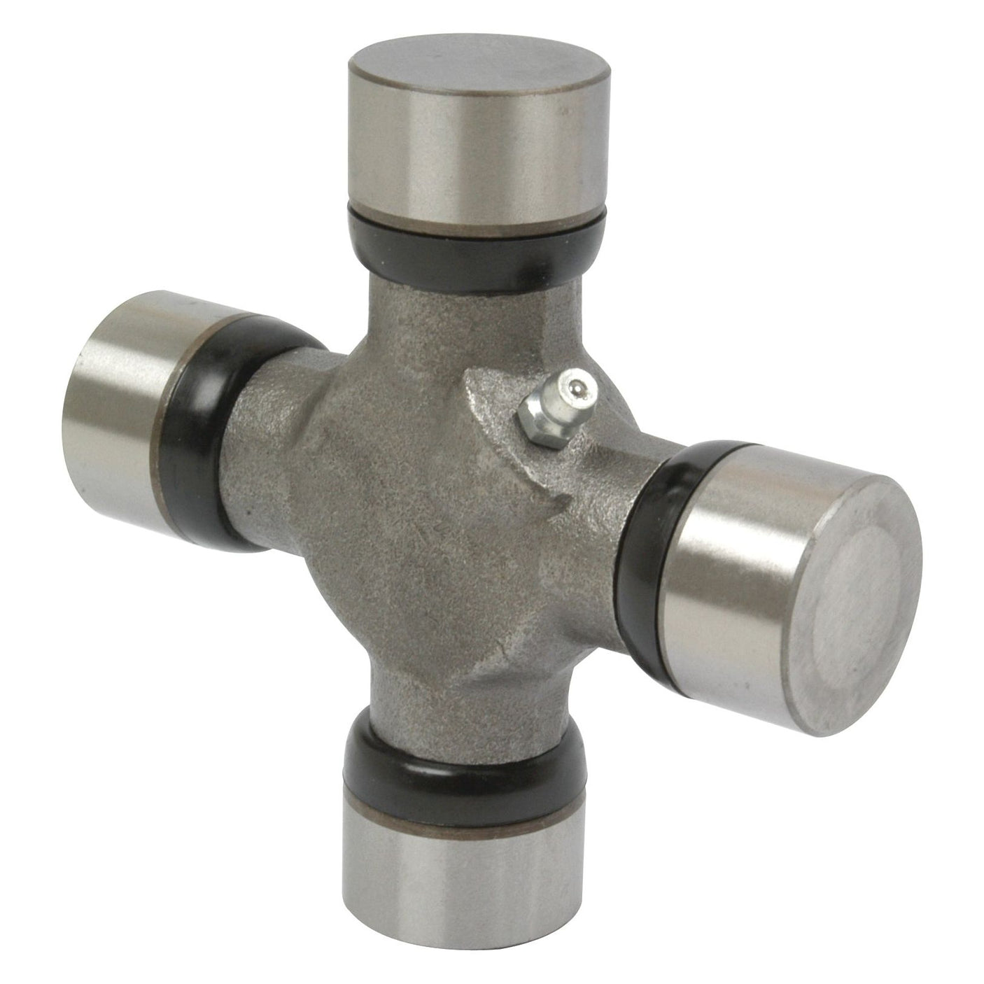 A Universal Joint 30.16 x 106.3mm by Sparex (Part No. S.56842), featuring a cross-shaped metal component with four cylindrical bearings at the ends, compatible with Massey Ferguson machinery.