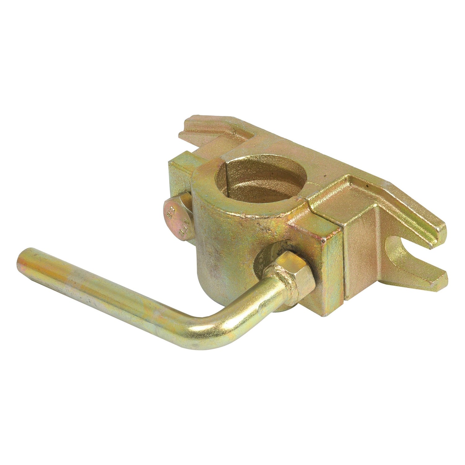 The Sparex Jockey Wheel Bracket - Heavy Duty, 48mm | Sparex Part No.S.56849, is a robust metal clamp featuring a cylindrical hole and a side lever. It includes a flat rectangular extension on one side for securing or attaching objects. It's zinc-plated to ensure enhanced durability.