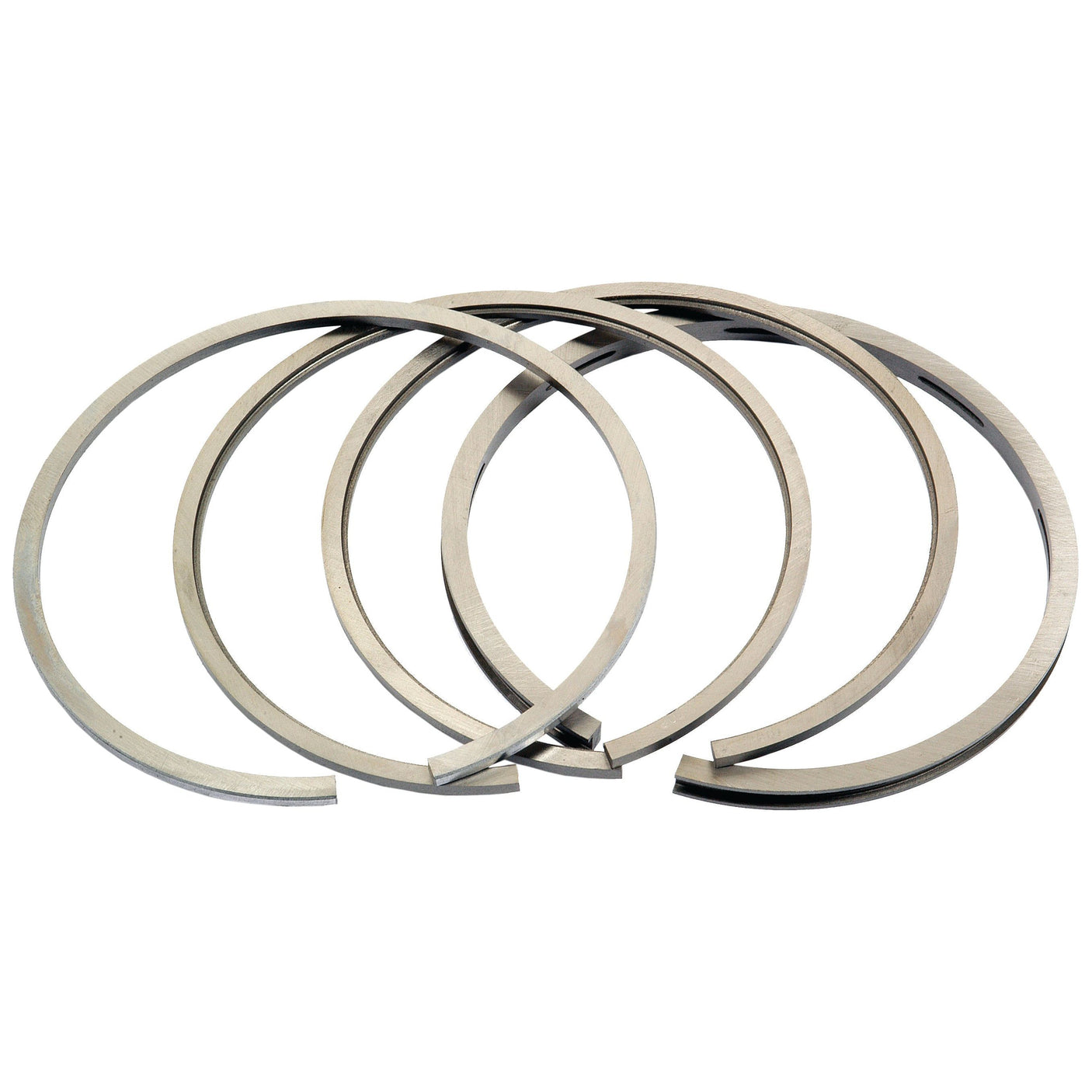 A set of four Piston Ring Std. (Sparex Part No. S.56850) chrome-plated retaining rings, arranged in a semi-interlocked pattern against a white background.