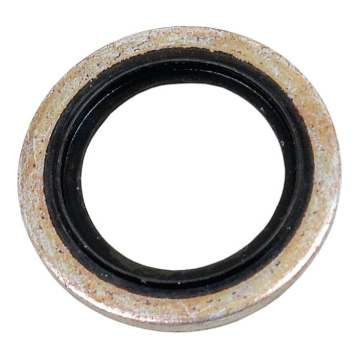 A close-up view of a Sparex Self-centering Bonded Seal 16mm Metric washer (Part No. S.5689), often used in plumbing or mechanical applications for sealing and preventing leaks. The metal is slightly rusted.