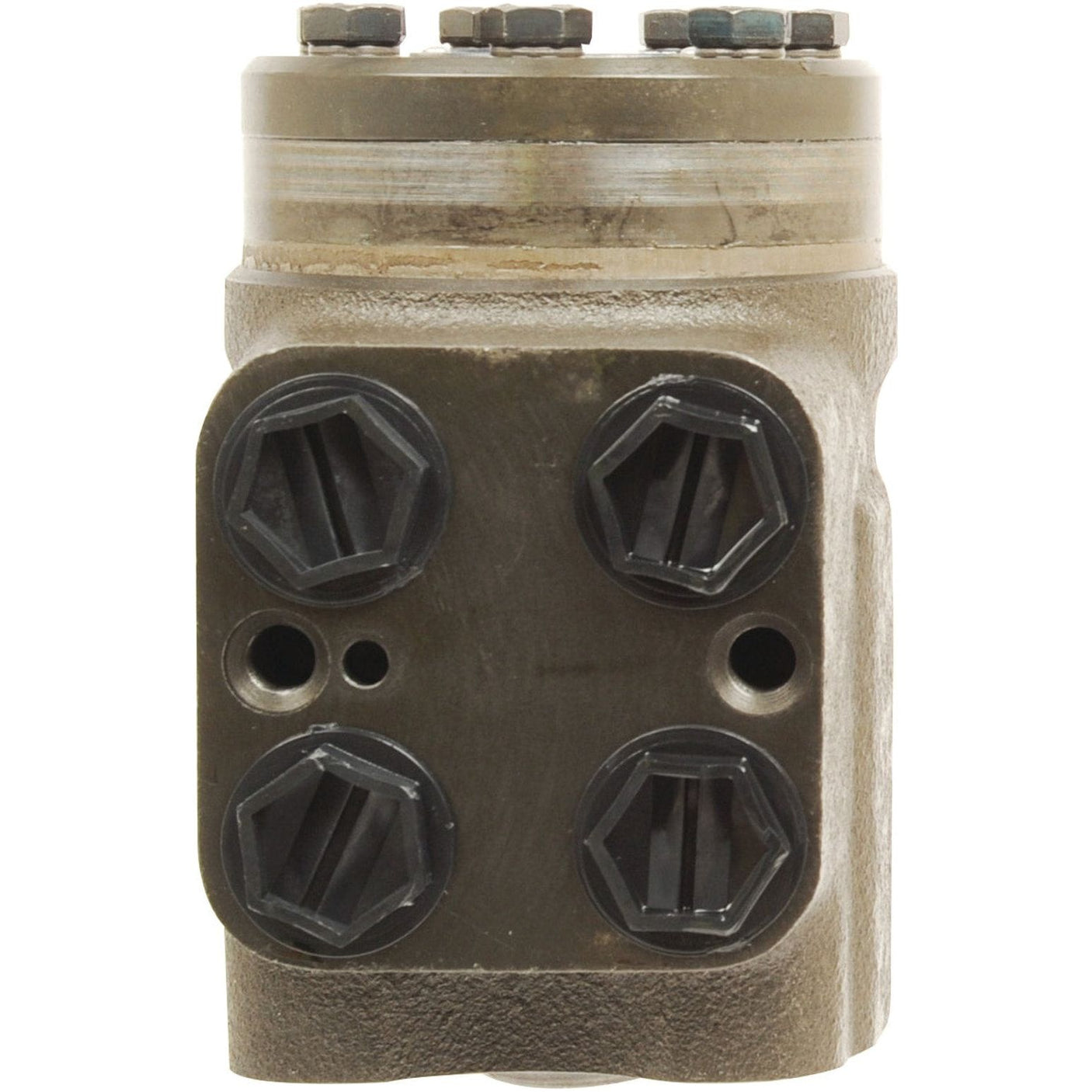 Close-up of the Orbital Steering Unit, Sparex Part No. S.56900, a hydraulic steering control valve with four bolt holes and two smaller holes on a metal surface, designed to fit Case IH machinery.