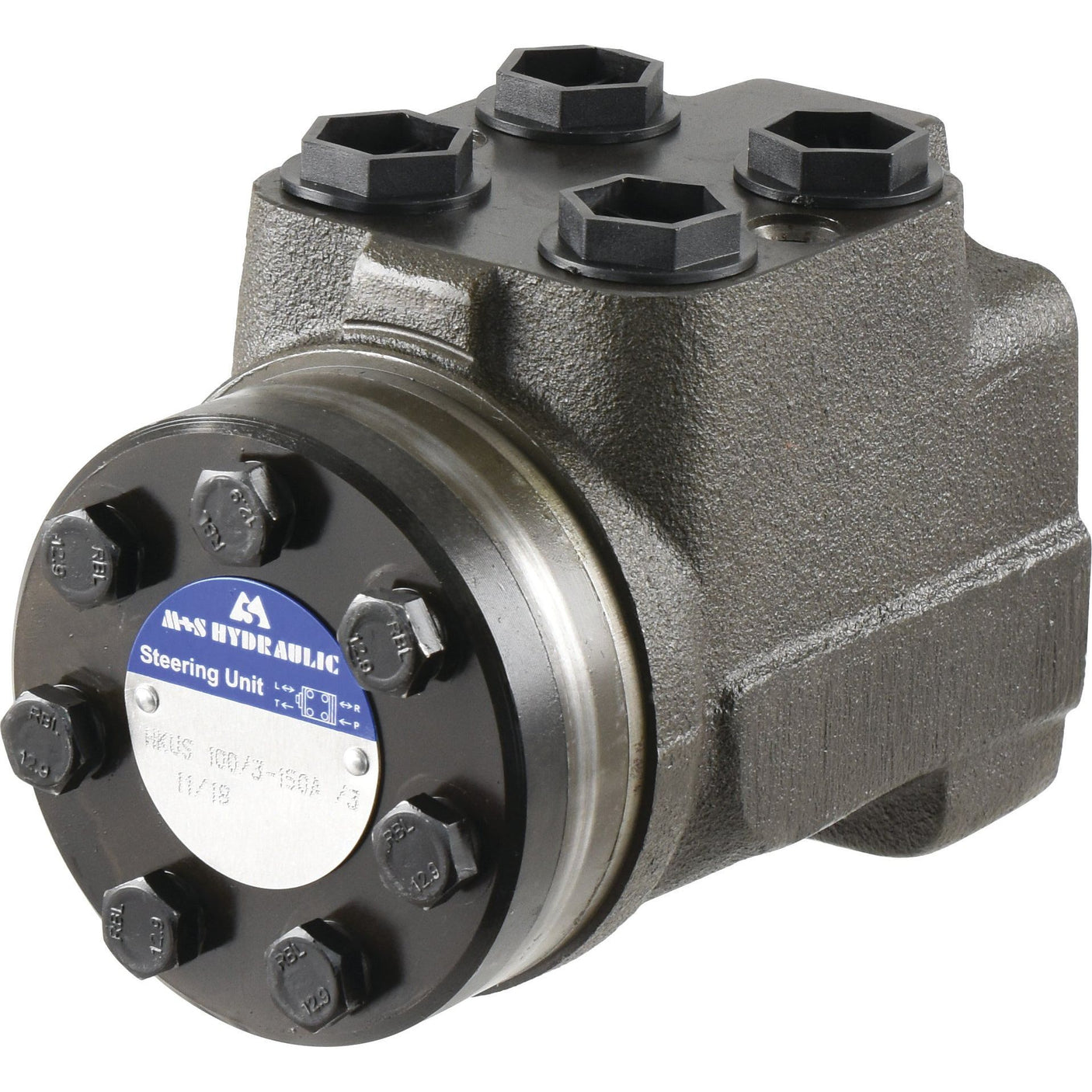 The Orbital Steering Unit (Sparex Part No. S.56902) from Sparex includes multiple hex bolts and features a manufacturer's label on the front, indicating it is from M+S Hydraulic. The unit, which also includes a relief valve, is primarily gray with a black cover.