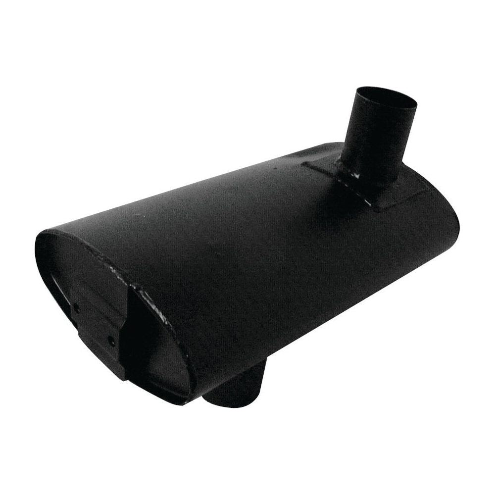 The Sparex Silencer - Underhood - S.56910 is a black rectangular muffler with an angled exhaust pipe extending from the top, coated in heat-resistant paint for durability.