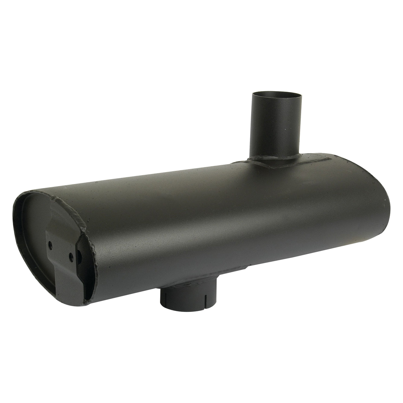 The Silencer - Underhood - S.56911 by Sparex is a black cylindrical silencer with an inlet pipe on top and an outlet pipe on the side, specifically designed for vehicle exhaust systems. It also features heat-resistant paint for added durability.