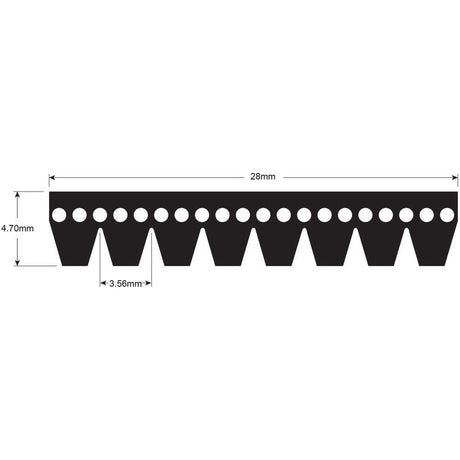 Diagram featuring a toothed strip with dimensions: 28mm width, 4.70mm height, and 3.56mm spacing between teeth. Above the teeth are 14 evenly spaced circles, similar to those found in a Sparex Poly V / Multi-Rib Belt - PK Section - Belt No. 8PK1500 (Sparex Part No.S.56938).