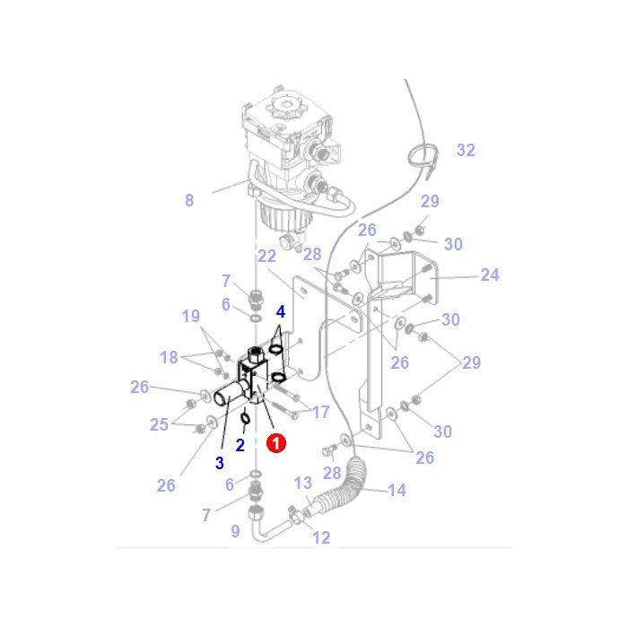 Diagram of a mechanical system with numbered components, showcasing several parts such as hoses, connectors, and brackets. Key components are labeled with numbers for easy identification. This is ideal for understanding the intricacies of AGCO products like the Fendt Fuel Pump (G716201010100) used in models such as the Favorit 711 Vario.