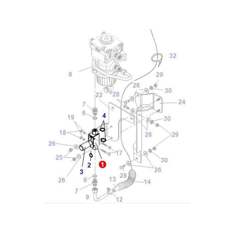 Diagram of a mechanical system with numbered components, showcasing several parts such as hoses, connectors, and brackets. Key components are labeled with numbers for easy identification. This is ideal for understanding the intricacies of AGCO products like the Fendt Fuel Pump (G716201010100) used in models such as the Favorit 711 Vario.