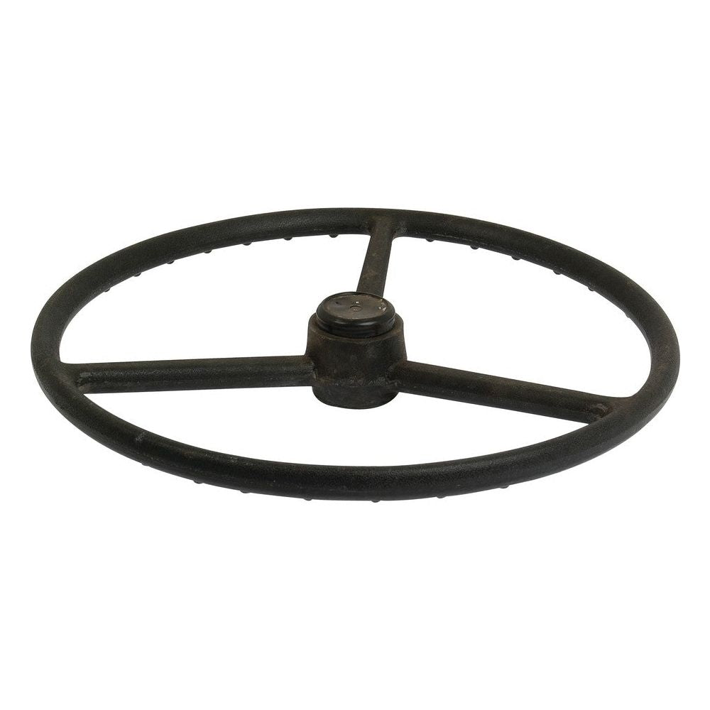 This black circular metal wheel with three spokes and a central hub, the Steering Wheel 400mm, Keyway (Sparex Part No. S.56940), is designed with precision, offering the reliability and craftsmanship that Sparex is known for.