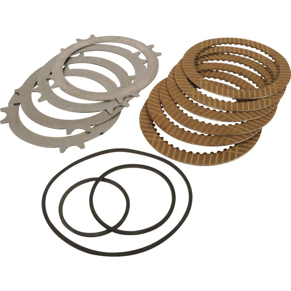 Image of a Torque Amplifier Kit by Sparex (Part No. S.56953) consisting of several steel and friction plates, along with two round rubber gaskets placed beside them. The items are arranged on a plain white background.