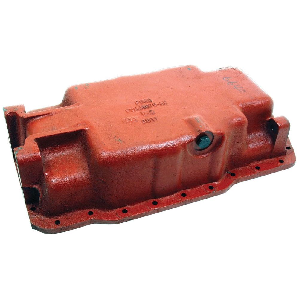 The Sparex Oil Sump (Part No. S.56957) features a red finish with mounting holes and is used for collecting engine oil. It includes an oil plug on one side for convenient draining.