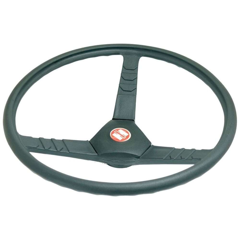 A 430mm black steering wheel with three spokes, featuring a red Case IH logo in the center, viewed from above. Product: Steering Wheel 430mm, Splined | Sparex Part No.S.56984 by Sparex.