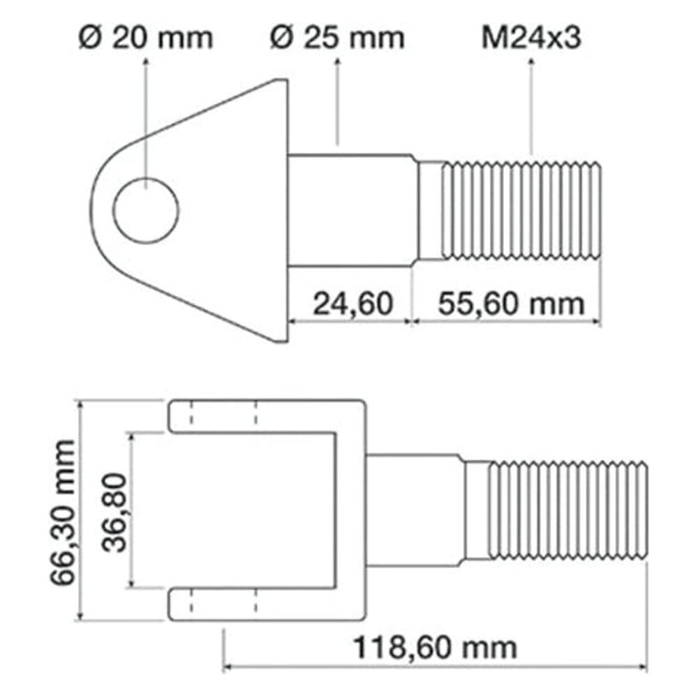 Technical diagram of the Stabiliser Fork - Hole Ø20mm - Thread size M24x3 (Sparex Part No.S.56988) by Sparex, showing front and side views with detailed measurements. The part includes threaded sections specifying thread size, as well as various diameters and lengths measured in millimeters.