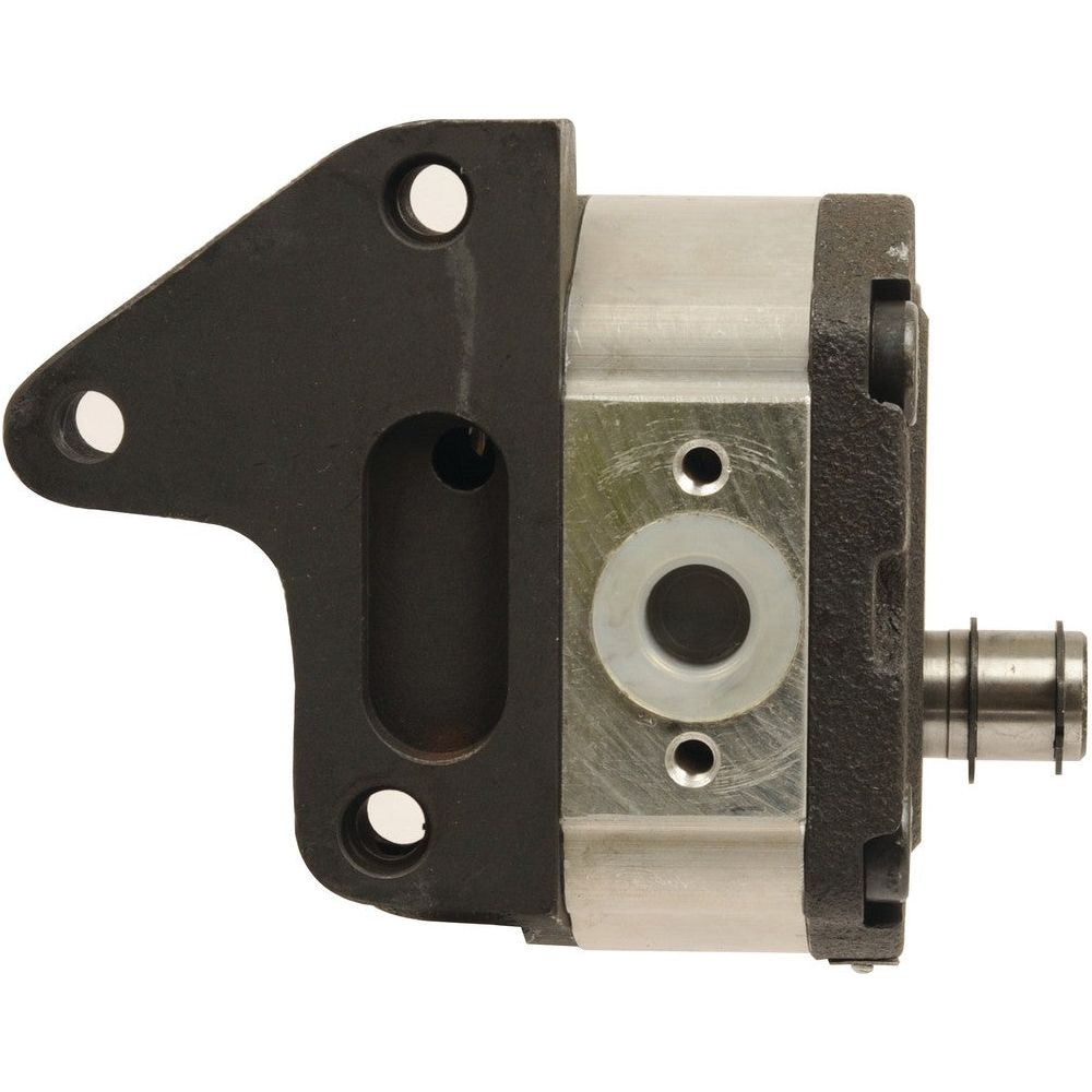 The Single Hydraulic Pump - S.57065 by Sparex features an industrial metal component with a black mounting bracket that has three holes, attached to a silver cylindrical part with a protruding metal shaft on one side.