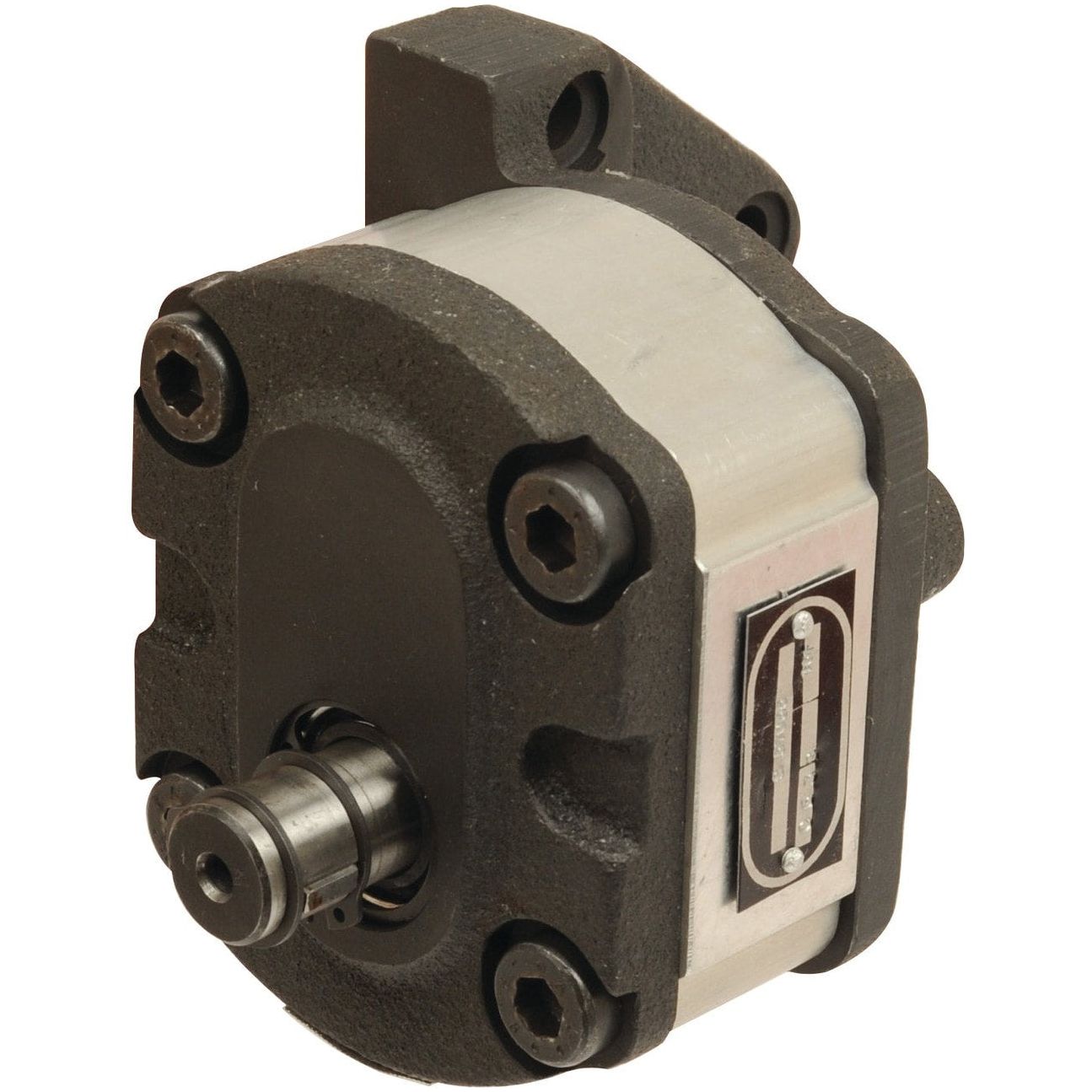 The Sparex Single Hydraulic Pump - S.57065 features black end caps and a silver body, complete with mounting holes and an input shaft. This high-quality pump ensures reliability and durability for all your needs.