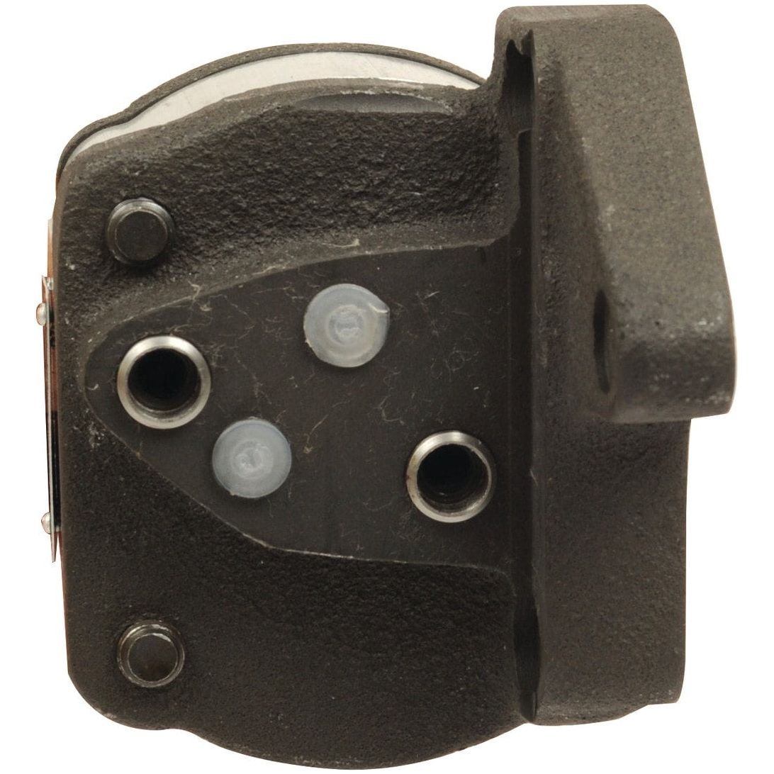 Close-up image of a black mechanical component with multiple holes and screws on its surface, compatible with the Single Hydraulic Pump - S.57065 from Sparex.