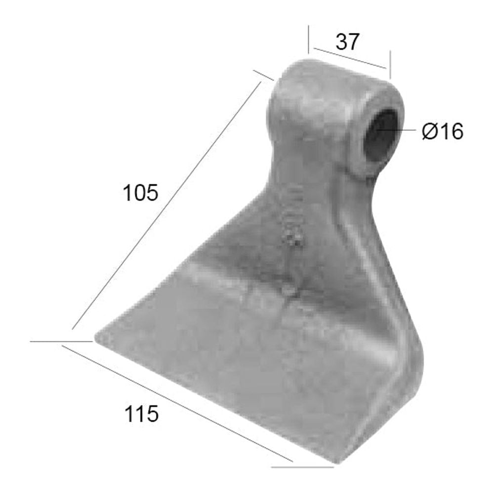 A Hammer Flail, a Sparex product, with dimensions: radius 105mm, bottom width 115mm, top width 37mm, and a 16mm diameter hole at the top – replacement for Kuhn fitting as: 6061900 - S.57078.