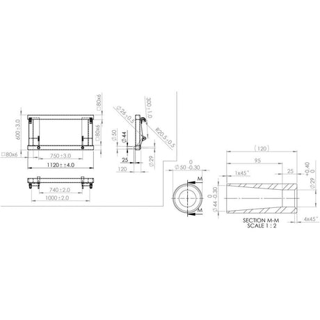 Technical drawing showing dimensions and cross-sections of the Bale Frame - 2 x M28 x 1100mm Conus 2 Tines (SHW Brand Tines) - S.57079 mechanical component from Sparex. Includes front and top views with detailed measurements in millimeters. Robust construction ensures a load capacity of 700 Kg for optimal performance.