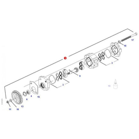 Exploded diagram of a mechanical assembly, such as that found in the Fendt - Gear Pump - G737940101020 from AGCO, showing various components including gears, bolts, and housings, numbered for reference.