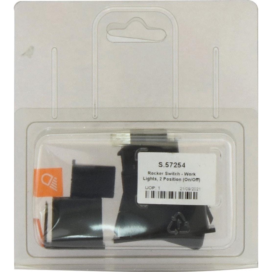 A packaged rocker switch labeled "Sparex Rocker Switch - Work Lights, 2 Position (On/Off) - S.57254." The transparent packaging reveals a switch cover and switch, ideal for Agripak work lights. This IP65 latching switch is compatible with 12V DC systems.